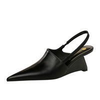 Sepatu Wanita Musim Panas, Hak Wedge Tipis, Bahan Kulit PU, Model Pointed-toe Wrap-toe Slingback, Cocok untuk Kencan