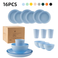 Ensemble de vaisselle coloré de 16 pièces, gobelets, assiettes, bols en plastique réutilisables, matériau PP, vaisselle durable