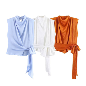 SHENZHU Wanita 2026 Musim Semi Mode Baru Blus Sutra Satin Hiasan Pita Vintage Tanpa Lengan Kemeja Wanita Atasan Chic - Product Image 1