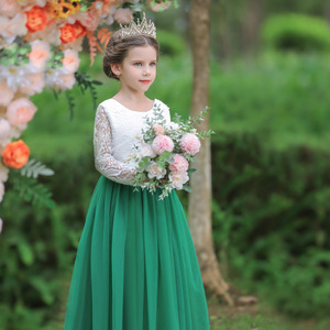 Robe de demoiselle d'honneur pour filles, coupe trapèze, col rond, haut en dentelle, jupe verte, robe de mariée pour enfants de 3 à 12 ans - Product Image 1