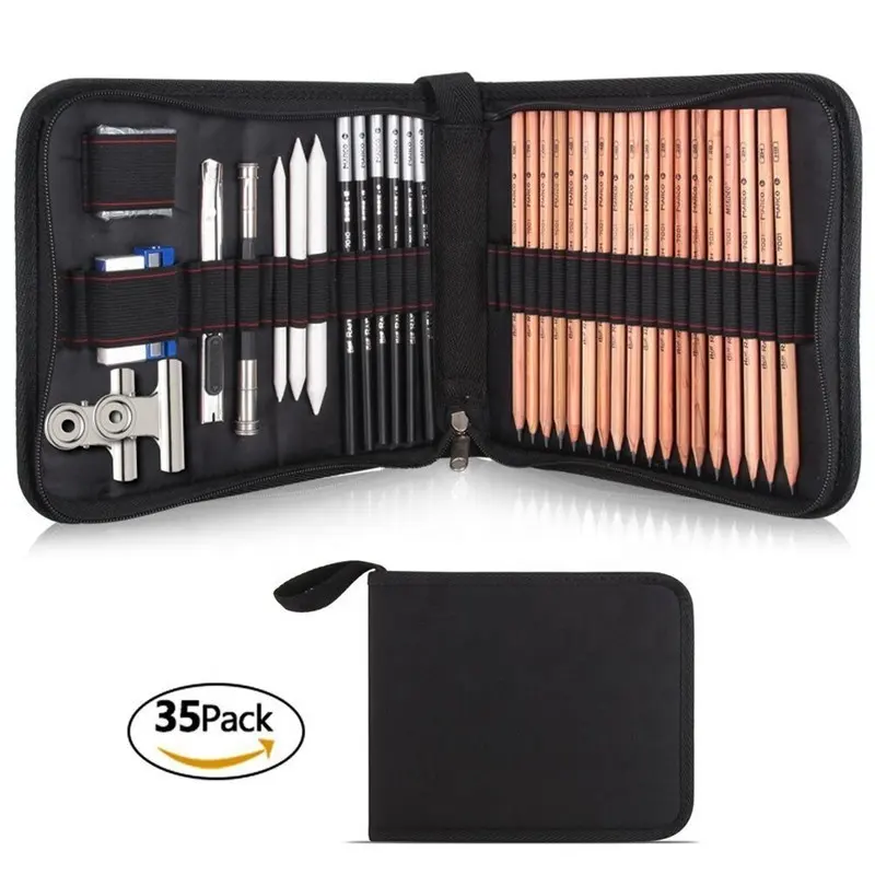 Professional Sketching Drawing Art Pen Tool Kit Artist Graphite Drawing 35 Pieces Pen and Charcoal Pencil Set