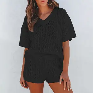 Women's Casual Sets 2 Piece Outfits Hollow Out Short Sleeve V- Neck Tops Drawstring Shorts Suits