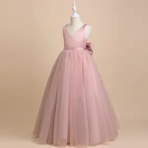 <span class=keywords><strong>Vestido</strong></span> elegante con lazo grande para niñas, <span class=keywords><strong>vestido</strong></span> <span class=keywords><strong>blanco</strong></span> para niña adolescente, ceremonia de primera comunión, bata larga, ropa para niños, vestidos de boda con cuello en V - Product Image 3