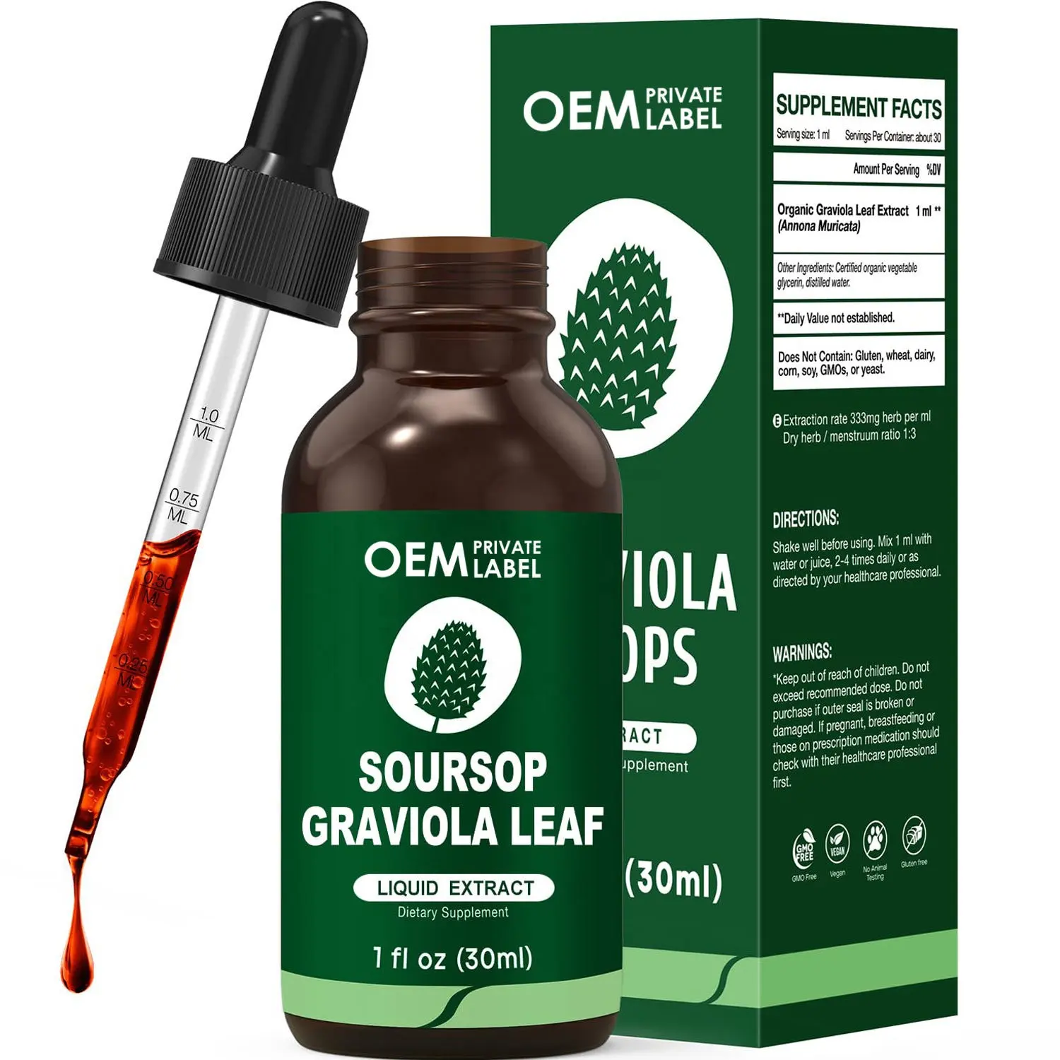Organik Soursop Graviola yaprak ekstresi sıvı anti-oksidasyon Graviola yaprak ekstresi damla Soursop Guanabana damla bırakır