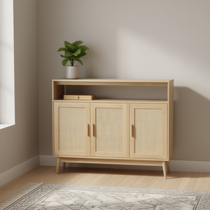 Buffet de rangement naturel avec portes en rotin, 3 portes, meuble de rangement pour salon, design scandinave - Product Image 2