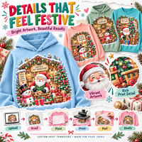 Feuilles de transfert thermique DTF personnalisées pour Noël, motif Père Noël escaladant un village de bonhommes de neige, prêtes à presser pour vêtements textiles