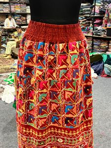 Bohemian Asymmetrical Maxi <b>Skirt</b> Women <b>Elastic</b> <b>Waist</b> Hand Embroidered Ruffles Geometric Pattern Breathable Cotton Ankle Length - Product Image 3