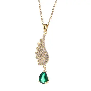 Liontin kristal berlian imitasi bulu mode perhiasan rantai kalung bentuk tetesan air emas asli lapisan CZ wanita