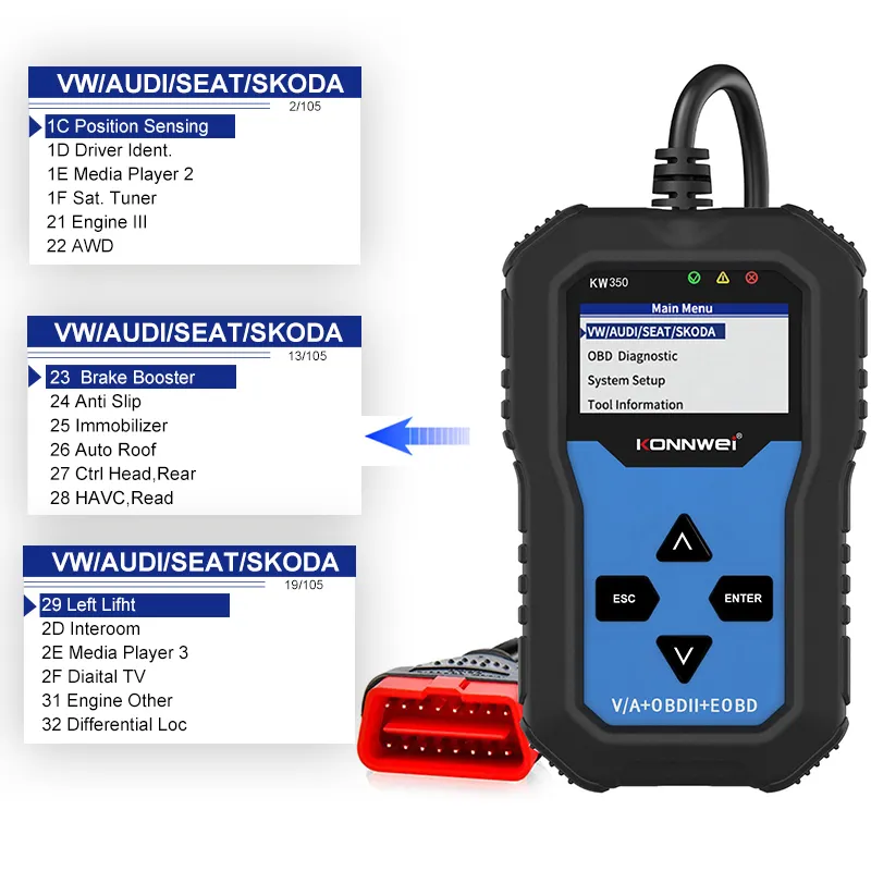 Konnwei-KW350 scanner de voiture, outil de diagnostic automatique automobile, scanner, réinitialisation OBD2, SRS, airbag, VAG