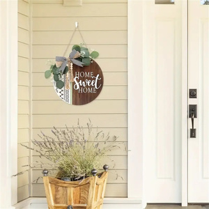 1 pezzo di benvenuto rotondo per la porta d'ingresso ghirlanda decorazione del portico in legno casa dolce casa bohémien all'aperto segno corona di foglie artificiali - Product Image 4