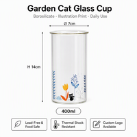 Mignon verre à café en borosilicate avec motif chat de jardin, 400 ml, haute transparence, résistant à la chaleur, pour café, lait, thé, eau