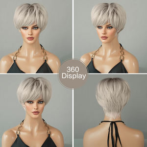 Pelucas grises Pixie para mujeres, peluca de corte Pixie rubio <span class=keywords><strong>ceniza</strong></span> para mujeres blancas, peluca de <span class=keywords><strong>pelo</strong></span> <span class=keywords><strong>corto</strong></span> <span class=keywords><strong>gris</strong></span> degradado sintético en capas, aspecto Natural - Product Image 6