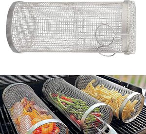 Stainless Steel Rolling BBQ Net Tube - Portable <strong>Grilling</strong> Basket for Fish and <strong>Vegetables</strong>, Non-Stick Cylinder <strong>Grill</strong> Basket - Product Image 2