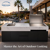 Meubles de cuisine extérieurs préfabriqués en acier inoxydable 304 avec porte vitrée, laqués, personnalisables, étanches, ignifuges, îlot barbecue et évier