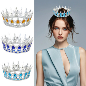Couronne de mariage ronde baroque, diadèmes de mariée en strass et cristal, moulures de couronne, accessoires de tête pour reines et rois - Product Image 4