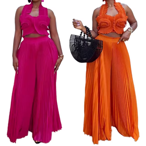 Ensemble 2 pièces plissé sexy pour femme : haut à col halter et dos nu, pantalon large – Tendance - Product Image 1