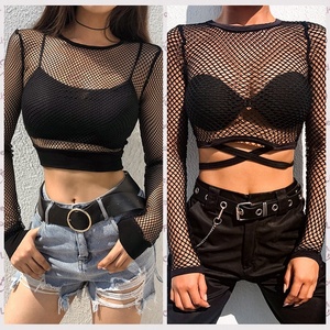 Tops cortos de malla transpirable de manga larga con tiras sexis para mujer, blusa de baile adelgazante con cuello en V y cuello redondo, Tops cortos para mujer - Product Image 5