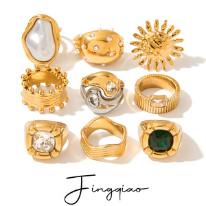 Conjunto de Anillos Yueli con Perlas y Circonitas, Forma Geométrica, Unisex, para Uso Diario, Engaste de Bisel, Joyería de Acero Inoxidable - Product Image 1