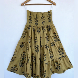 Premium Mustard Cotton Maxi Skirt Floral Hand Printed Smocked Waist Multi Tier Flared Summer Holiday Beachwear for Women - Product Image 1