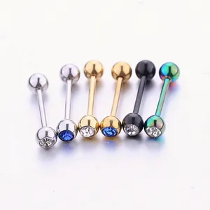 Stainless Steel Externally Threaded Straight Industry Tongue Barbells with CZ Stone Ball Nipple Body Piercing Jewelry