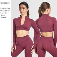 YNSEA OEM Ensemble 4 pièces : Veste courte à manches longues, Soutien-gorge dos nu, Short push-up froncé, Leggings – Tenue de sport et d'entraînement