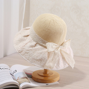 Lace Bow <b>Straw</b> <b>Hat</b> For Women Beige Sun Protection Summer Outing Bucket <b>Hat</b> - Product Image 1
