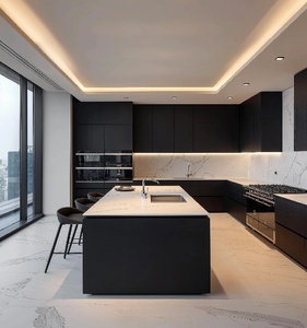 Set di Mobili da <span class=keywords><strong>Cucina</strong></span> in Legno Personalizzati, Design Moderno per Appartamenti, Finitura Nera Opaca con Venature del Legno - Product Image 1