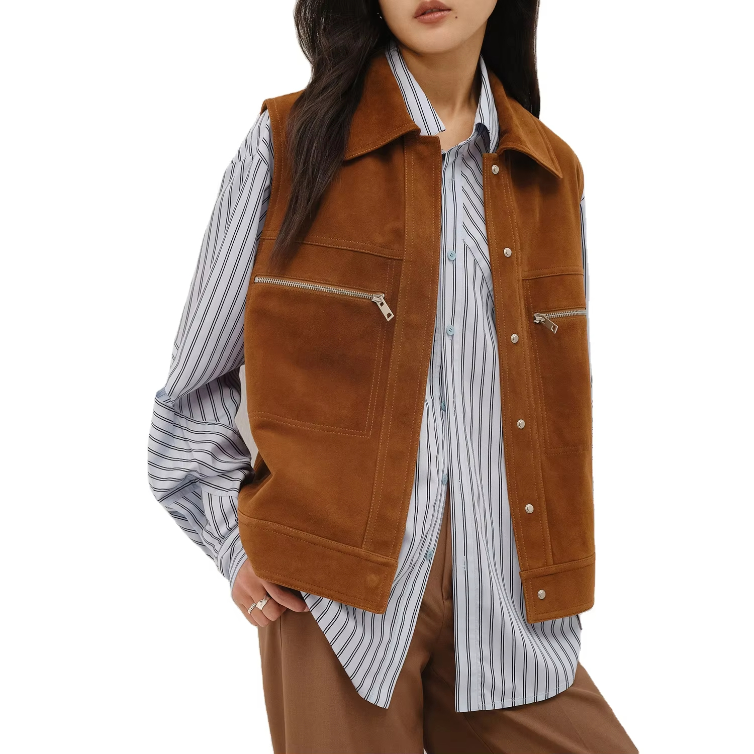3170 Wholesale Sleeveless Sheep Suede Leather Jacket Covered Button Casual Brown Genuine Leather Vest