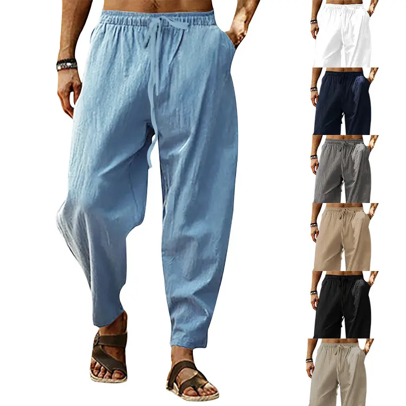 उच्च गुणवत्ता वाले कस्टम प्रिंट पुरुषों के लिए उच्च कमर वाले सादे लिनन फैब्रिक पैंट पुरुषों के लिए ढीले ठोस रंग के सांस लेने योग्य पैंट