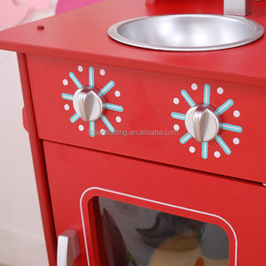 Mini cuisine en bois rouge pour enfants avec four, brûleur, évier et robinet pour jeux d'imitation - Product Image 3