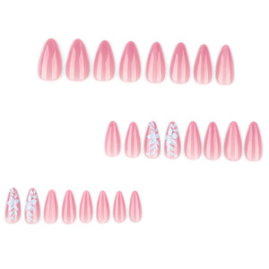 Faux ongles à presser Premium, longs, amande, rose, effet œil de chat, avec motifs feuille et fleur, scintillants, vente en gros - Product Image 2