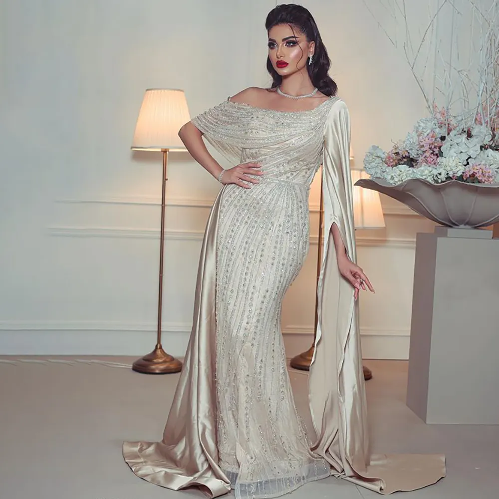 Beige One Shoulder Cape Sleeve Elegant Mermaid Evening Dresses 2023 Beaded Luxury For Woman Party Gowns