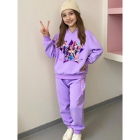 Conjunto Deportivo de 2 Piezas para Niñas, Sudadera con Capucha y Pantalones, Diseño Moderno de Anime K-Pop, Estampado de Ídolos de Dibujos Animados, Color Morado