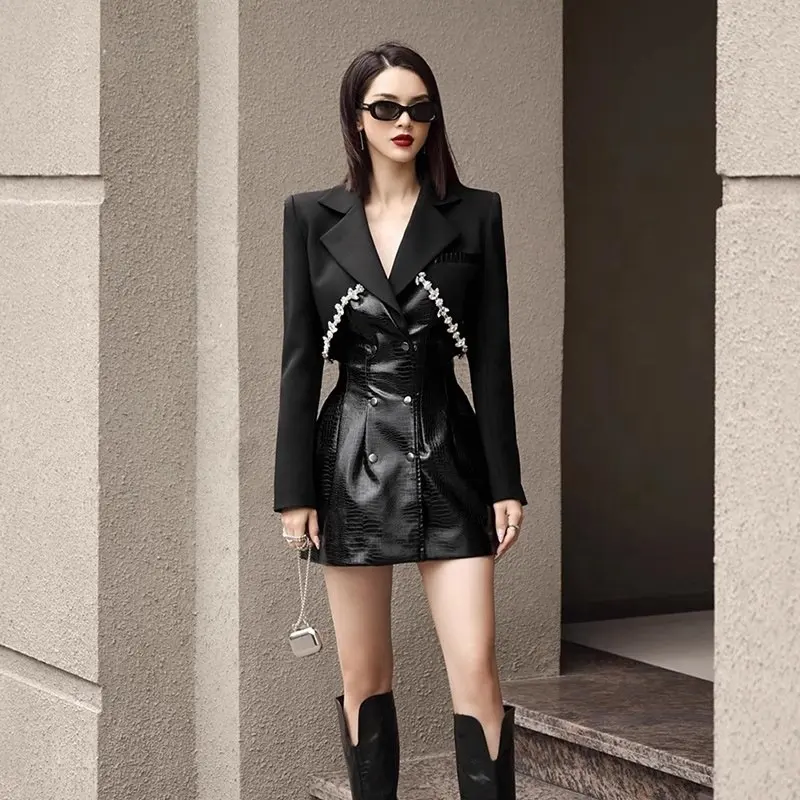 Elegant Women's Autumn New Design Sense Flip Collar PU Leather Panel Suit Black Dress