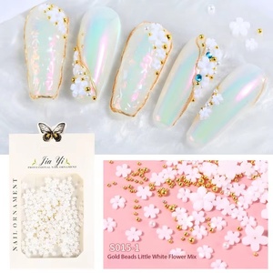 Fleur blanche à cinq pétales, célèbre sur internet, en résine tridimensionnelle, avec perles en or, argent et acier, grandes et petites fleurs mélangées pour ongles - Product Image 6