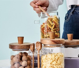 Contenitore in vetro borosilicato di alta qualità con coperchi in legno di Acacia manici incorporati cucchiai ermetici da cucina per chicchi di caffè - Product Image 6