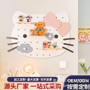 Cartoon <b>Pegboard</b> Wall Mounted Wooden Shelf With <b>Hooks</b> For Toys Organizer Storage Display Rack White Pink Natural Wood Color - Product Image 3