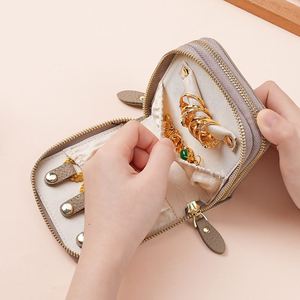 Double Zipper Leather Travel Jewelry Case Portable Multi-compartment Jewelry Storage Box <b>Mini</b> Necklace Earring Organizer <b>Pouch</b> - Product Image 2