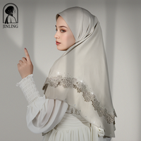 Hiyab Musulmán de Uso Instantáneo con Encaje y Pedrería, Hiyab de Chifón Floral con Apliques de Pedrería, Gorro de Hiyab Transpirable de Poliéster para Todas las Estaciones