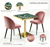 Ensemble de meubles de salle à manger de luxe pour restaurant commercial, table en pierre verte avec chaises en tissu velours pour hôtel, café, bistrot