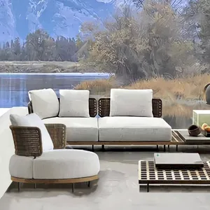 Diseño al aire libre de teca sofá de jardín de madera maciza muebles de exterior ratán patio terraza sofá conjunto