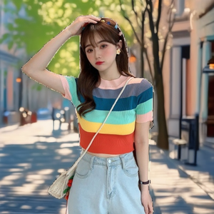 T-shirt décontracté pour femme à col rond et manches courtes, en tricot satiné, respirant et rayé, idéal pour l'hiver – Vente en gros - Product Image 2