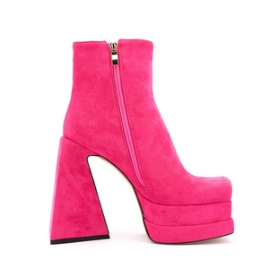 Botas cortas de cuero de ante hechas a mano para mujer, zapatos de tacón alto grueso con plataforma y punta cuadrada, cremallera lateral en el tobillo, color sólido, talla 43 - Product Image 5