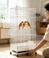Cage à oiseaux en métal noir et blanc, design simple, roues mobiles, conception spacieuse, plusieurs portes ouvrables, récipients d'alimentation pour usage intérieur/extérieur