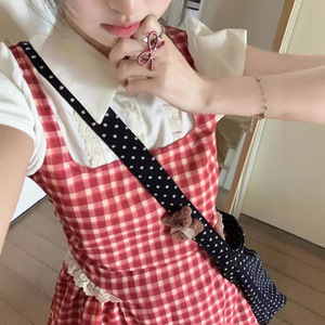 French Preppy Style Red Plaid <b>Dress</b> For Women <b>Elastic</b> Waist Peter Pan Collar Short Skirt Breathable Daily Casual Wear - Product Image 4
