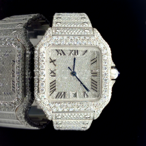 Montre automatique en acier inoxydable avec cadran en verre, or blanc 14 carats, sertie de moissanite, résistante à l'eau 10 bars, avec fermoir de bracelet - Product Image 1