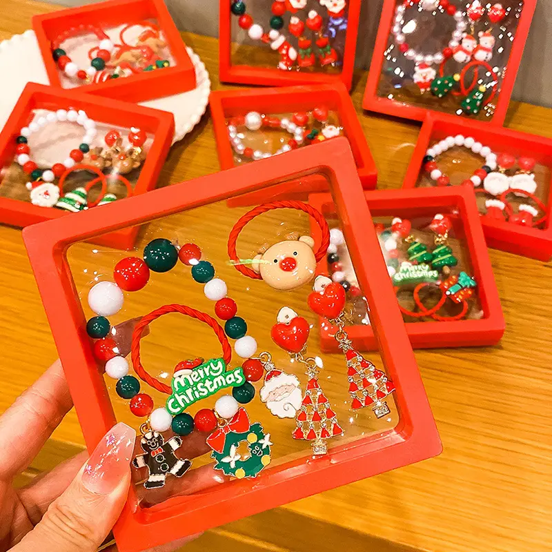 Desenhos animados Santa Snowman Hair Tie Christmas Tree Sock Elk Non-pierced Brincos Ear Clip Beaded Pulseira Xmas Jewelry Gifts Box Set