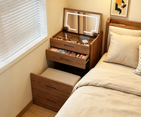 Table de toilette moderne en noyer, petite, avec miroir éclairé réglable, cadre en aluminium, MDF, pour chambre à coucher