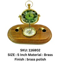 Horloge de bureau nautique en laiton, porte-stylo, décoration de table ronde, accessoire de bureau ou scolaire en laiton poli