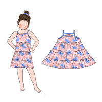 Pabrik Menerima MOQ Rendah Gaun Musim Panas Anak Perempuan Tali Bahu Tipis Bahan Twill Cetak Lucu Desain Ruffle Gaun Panjang